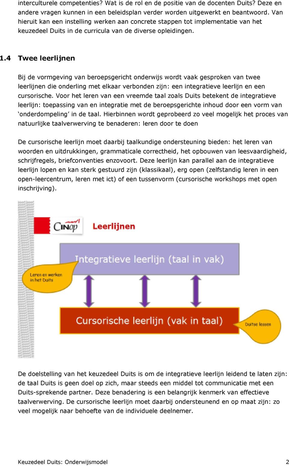 4 Twee leerlijnen Bij de vormgeving van beroepsgericht onderwijs wordt vaak gesproken van twee leerlijnen die onderling met elkaar verbonden zijn: een integratieve leerlijn en een cursorische.