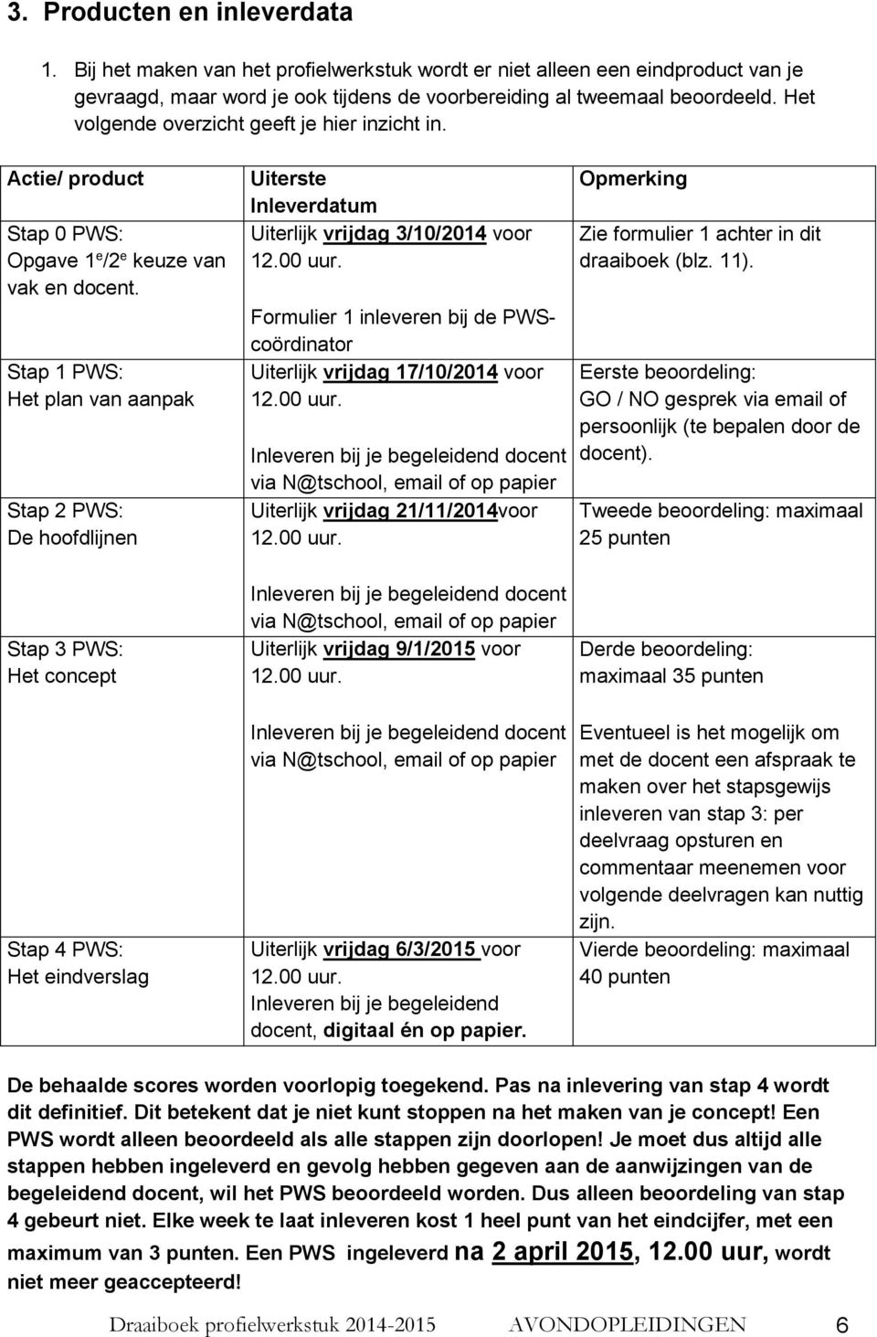 Stap 1 PWS: Het plan van aanpak Stap 2 PWS: De hoofdlijnen Uiterste Inleverdatum Uiterlijk vrijdag 3/10/2014 voor 12.00 uur.