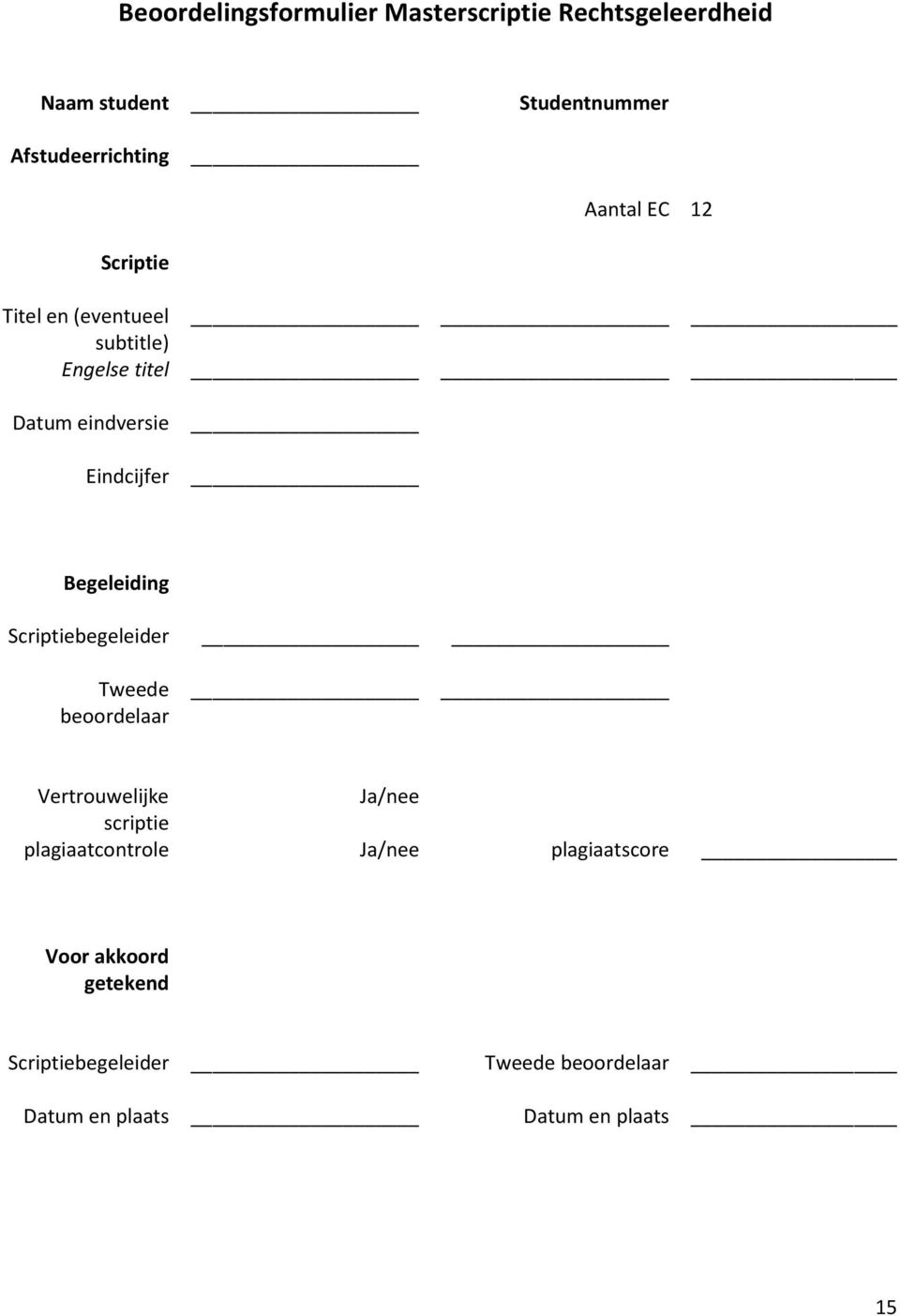 Begeleiding Scriptiebegeleider Tweede beoordelaar Vertrouwelijke Ja/nee scriptie plagiaatcontrole