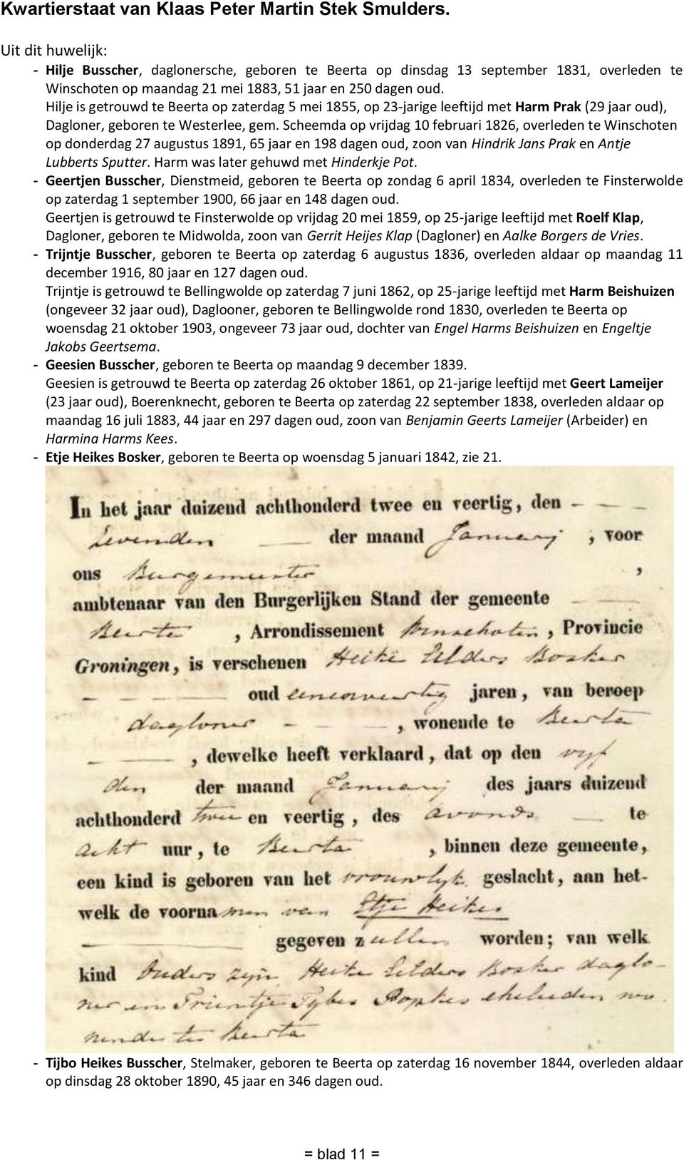 Scheemda op vrijdag 10 februari 1826, overleden te Winschoten op donderdag 27 augustus 1891, 65 jaar en 198 dagen oud, zoon van Hindrik Jans Prak en Antje Lubberts Sputter.