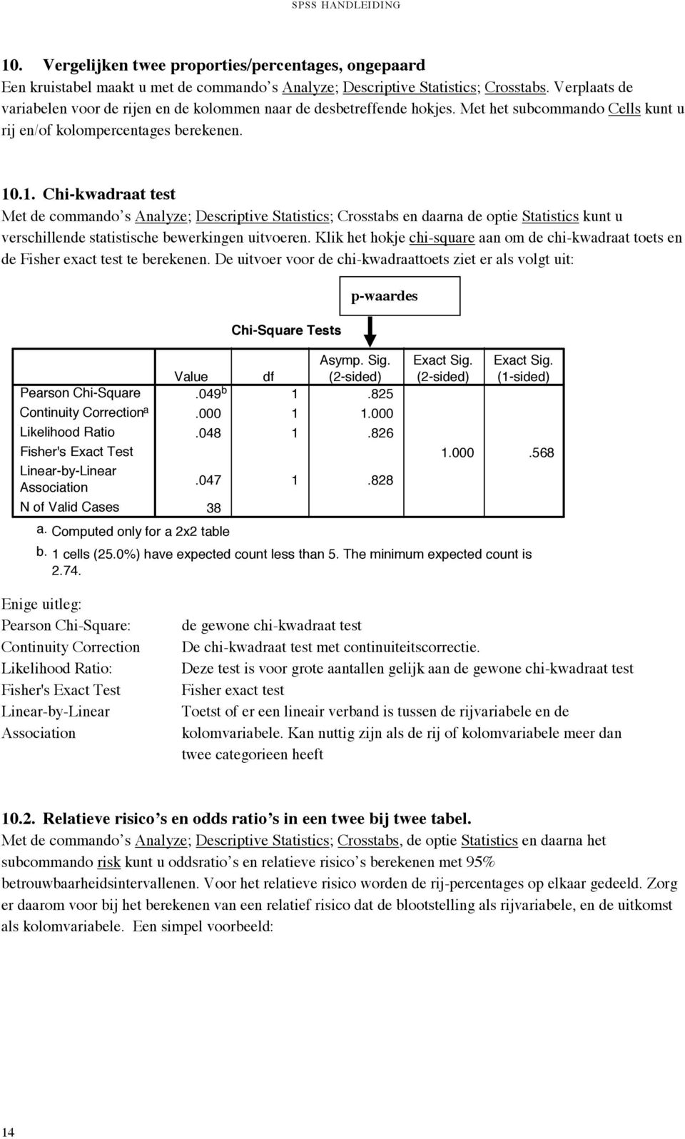 .1. Chi-kwadraat test Met de commando s Analyze; Descriptive Statistics; Crosstabs en daarna de optie Statistics kunt u verschillende statistische bewerkingen uitvoeren.