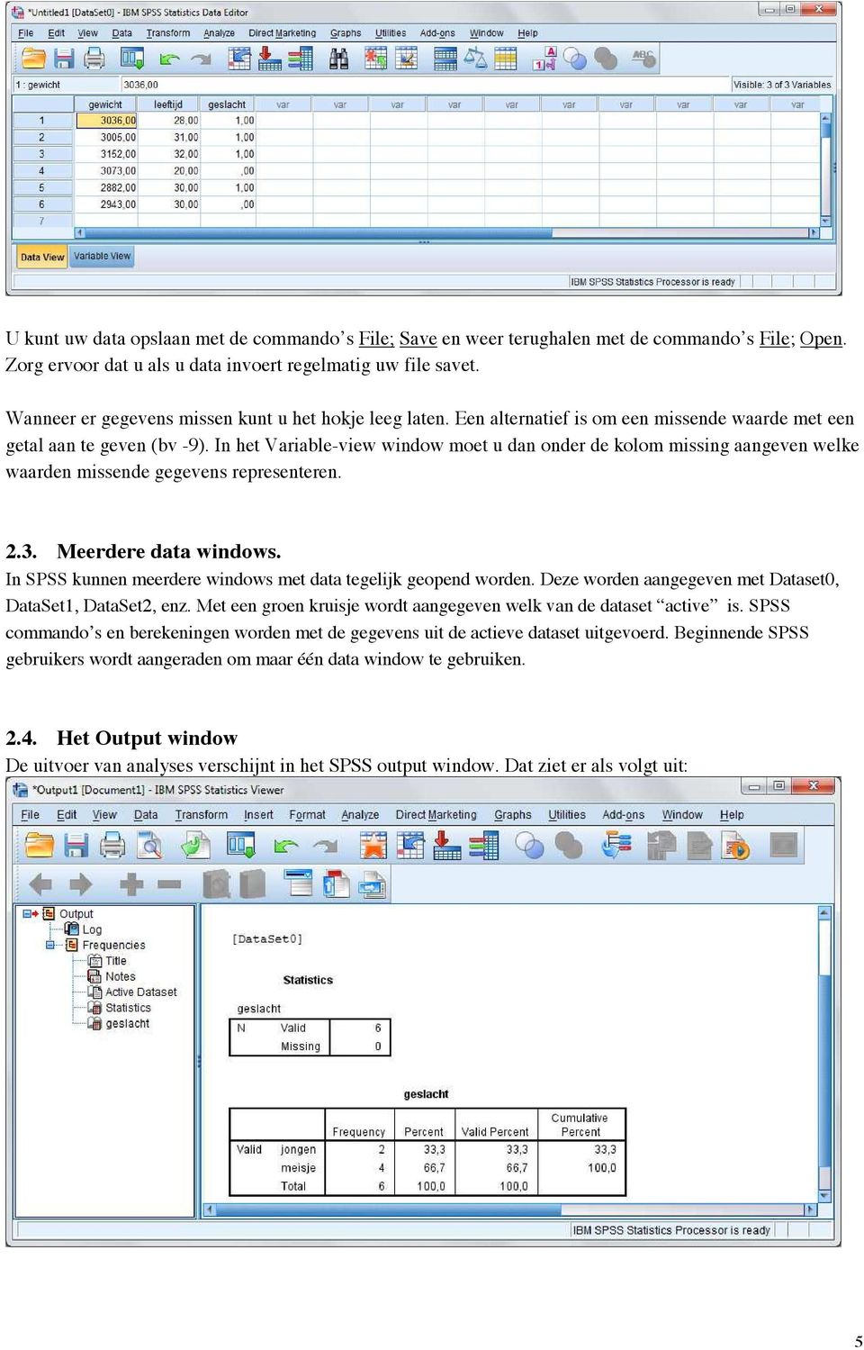 In het Variable-view window moet u dan onder de kolom missing aangeven welke waarden missende gegevens representeren. 2.3. Meerdere data windows.