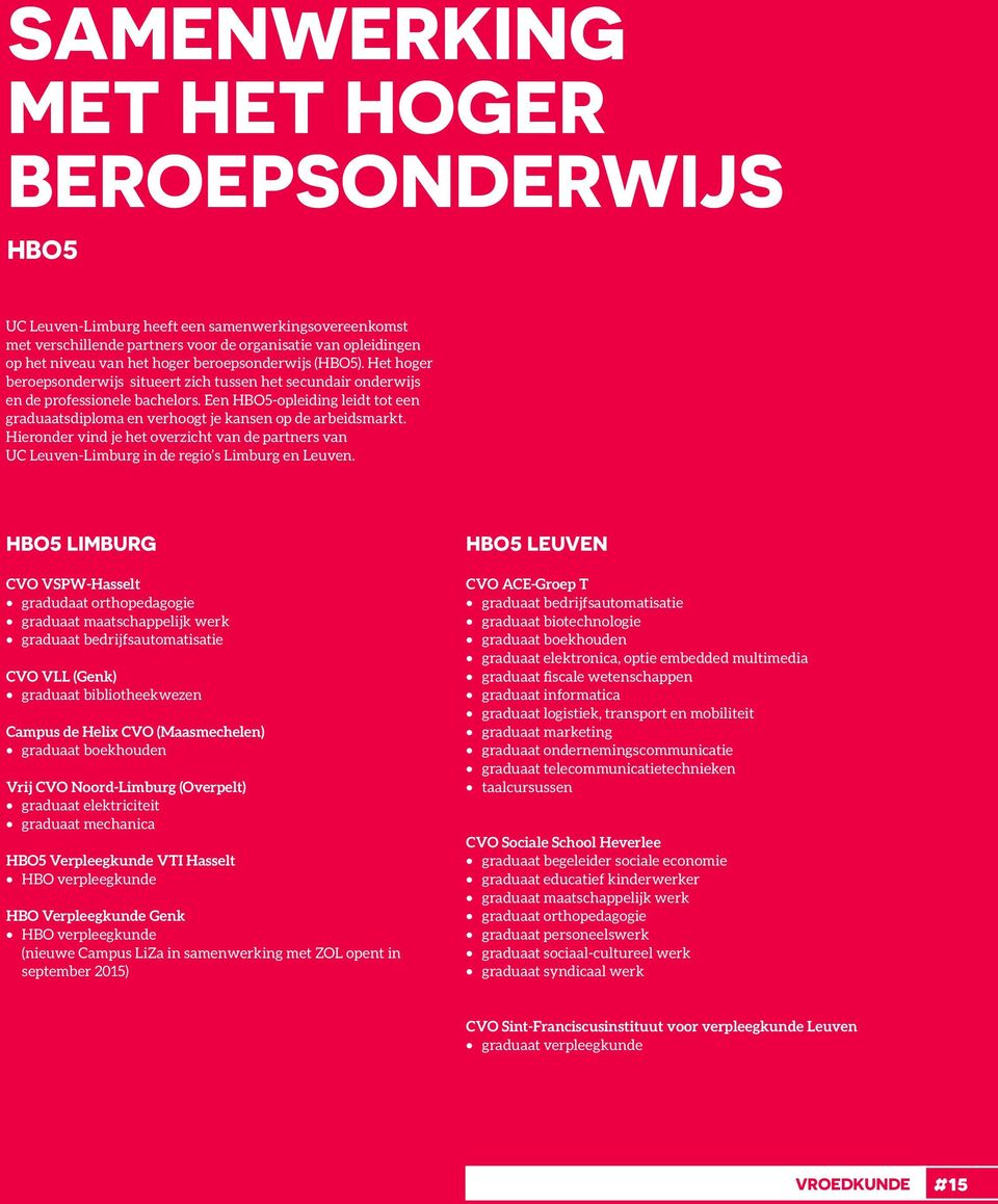 Een HBO5-opleiding leidt tot een graduaatsdiploma en verhoogt je kansen op de arbeidsmarkt. Hieronder vind je het overzicht van de partners van UC Leuven-Limburg in de regio s Limburg en Leuven.