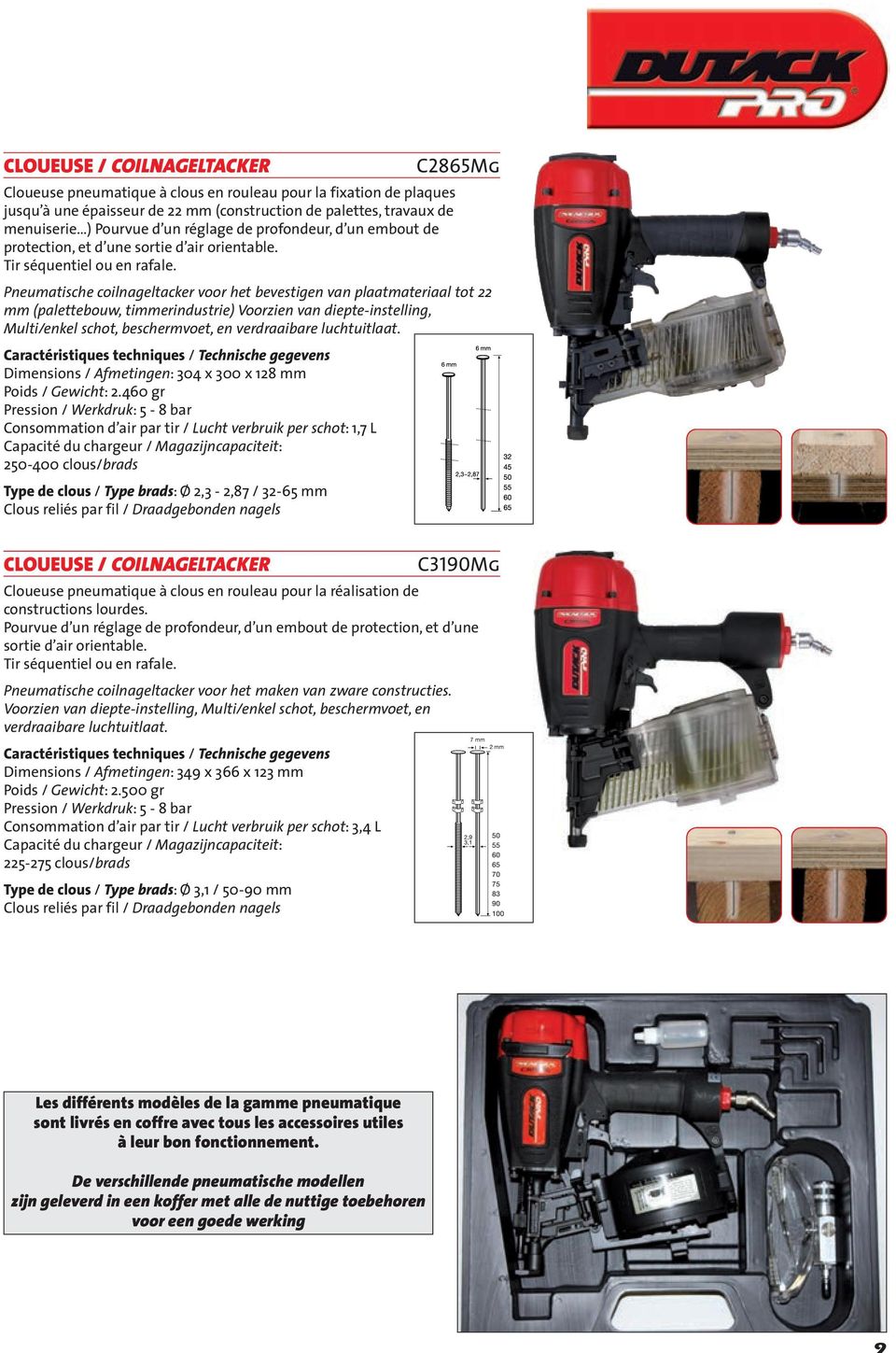 Pneumatische coilnageltacker voor het bevestigen van plaatmateriaal tot 22 mm (palettebouw, timmerindustrie) Voorzien van diepte-instelling, Multi/enkel schot, beschermvoet, en verdraaibare