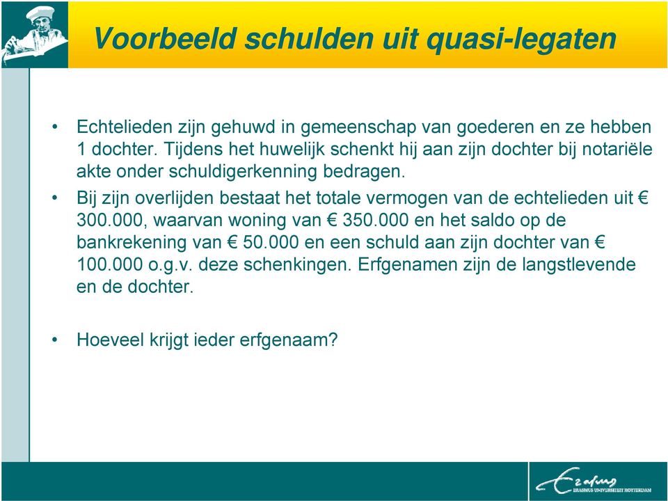 Bij zijn overlijden bestaat het totale vermogen van de echtelieden uit 300.000, waarvan woning van 350.