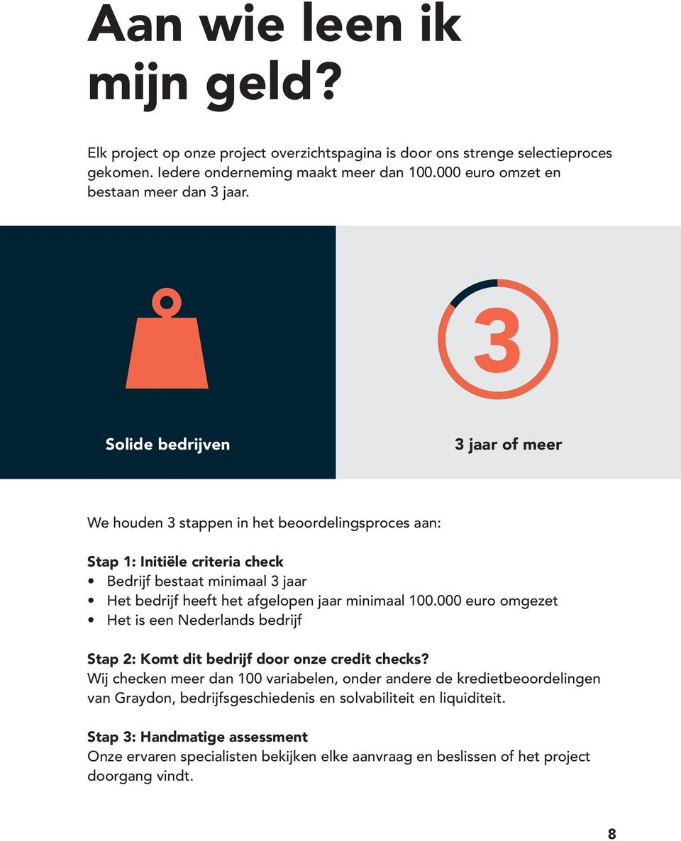 3 Solide bedrijven 3 jaar of meer We houden 3 stappen in het beoordelingsproces aan: Stap 1: Initiële criteria check Bedrijf bestaat minimaal 3 jaar Het bedrijf heeft het afgelopen jaar