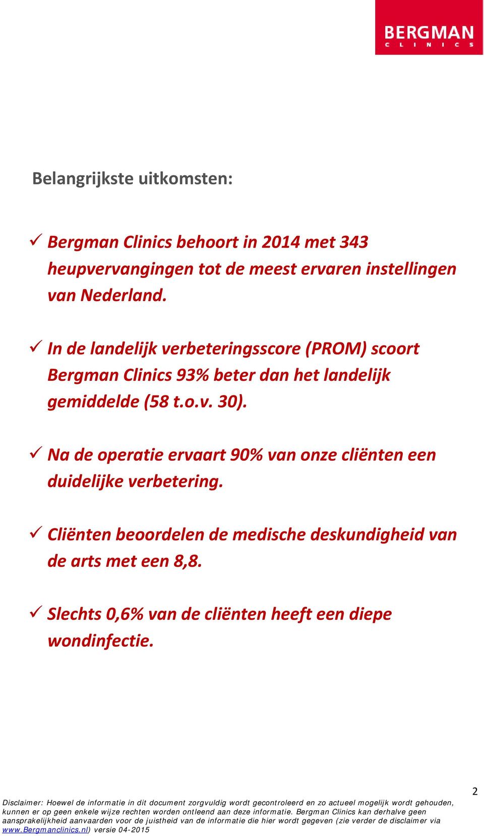 In de landelijk verbeteringsscore (PROM) scoort Bergman Clinics 93% beter dan het landelijk gemiddelde (58 t.o.v. 30).