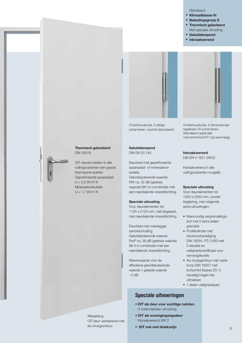 Thermisch geïsoleerd DIN 52619 OIT-deuren bieden in alle vullingsvarianten een goede thermische isolatie: Geperforeerde spaanplaat U = 2,5 W/m² K Mineraalwolisolatie U = 1,7 W/m² K Geluiddempend DIN