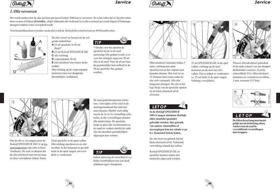 4 5 Voor het probleemloos wisselen van de olie wordt de Rohloff olie wissel set (art.nr. 840) aanbevolen.