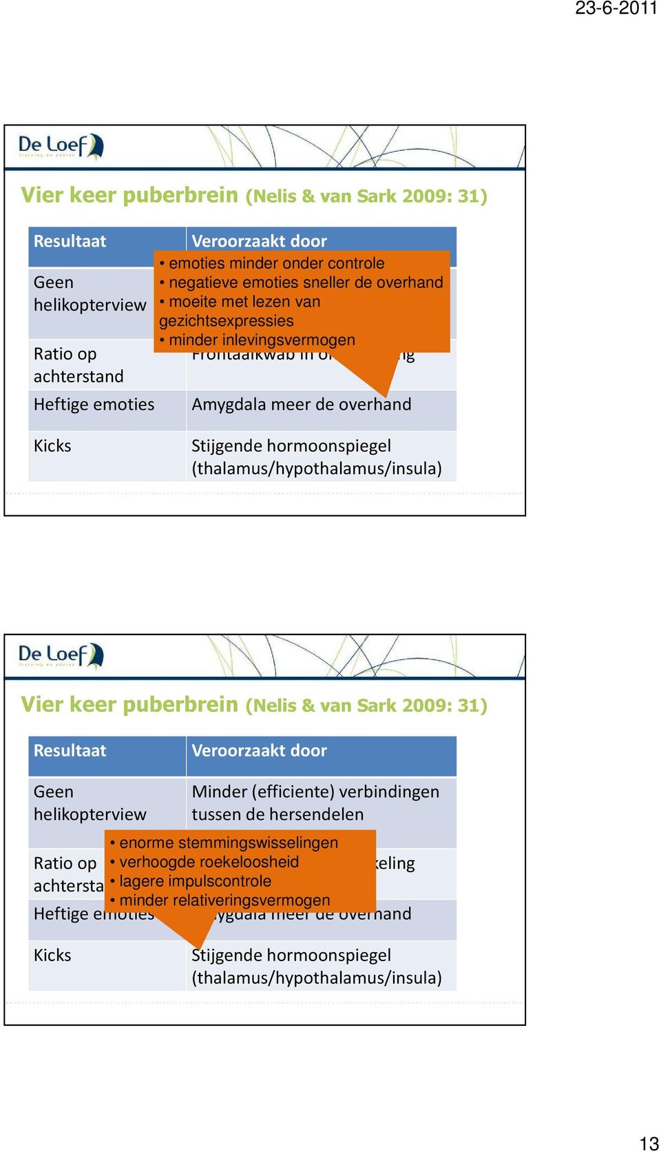 Stijgende hormoonspiegel (thalamus/hypothalamus/insula) Vier keer puberbrein (Nelis & van Sark 2009: 31) Resultaat Veroorzaakt door Geen helikopterview Minder (efficiente) verbindingen tussen de