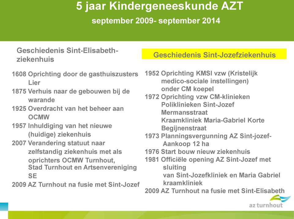 Artsenvereniging SE 2009 AZ Turnhout na fusie met Sint-Jozef Geschiedenis Sint-Jozefziekenhuis 1952 Oprichting KMSI vzw (Kristelijk medico-sociale instellingen) onder CM koepel 1972 Oprichting vzw