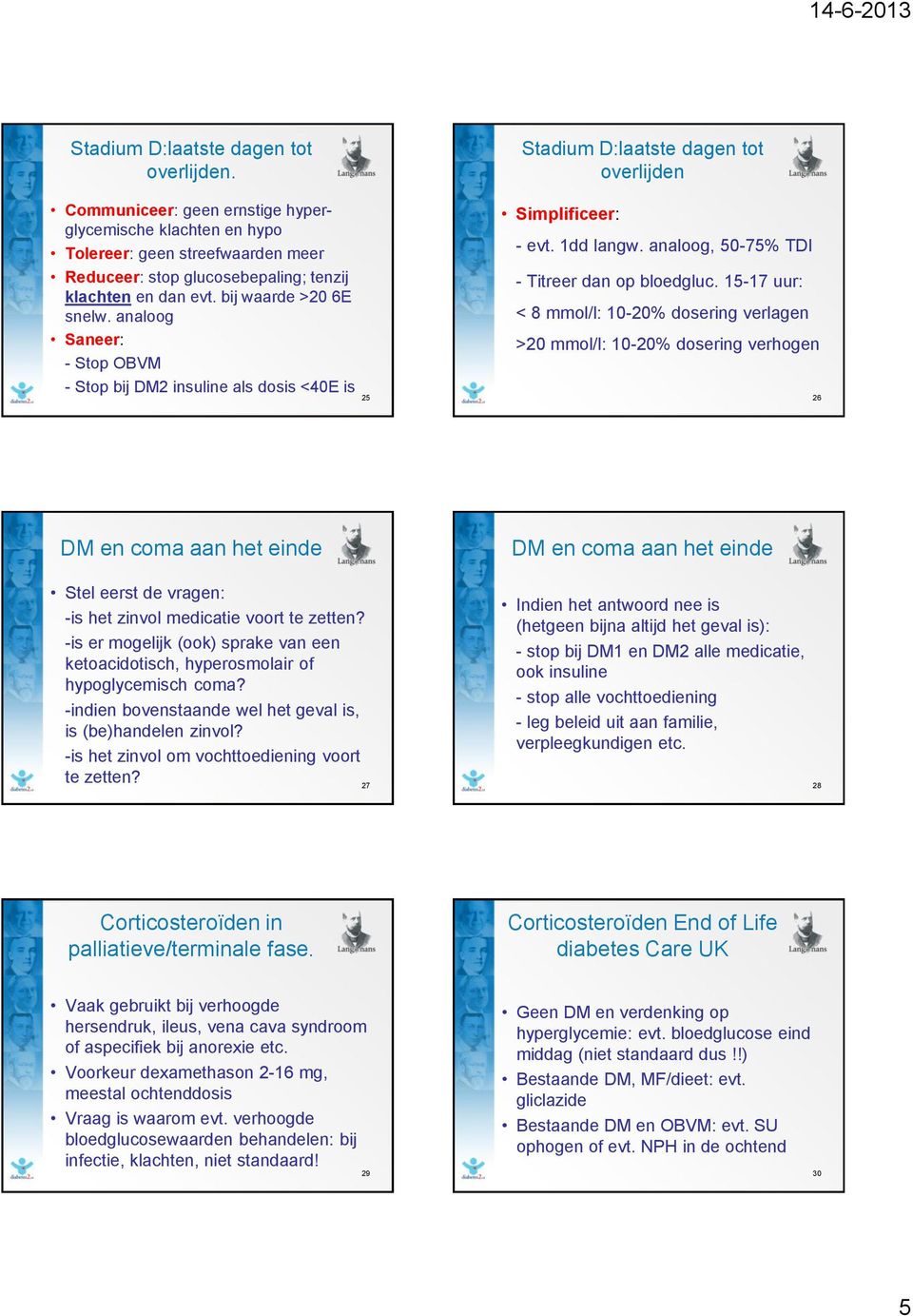 bij waarde >20 snelw. analoog - Stop OBVM - Stop bij DM2 insuline als dosis <40E is 25 Simplificeer: - evt. 1dd langw. analoog, 50-75% TDI - Titreer dan op bloedgluc.