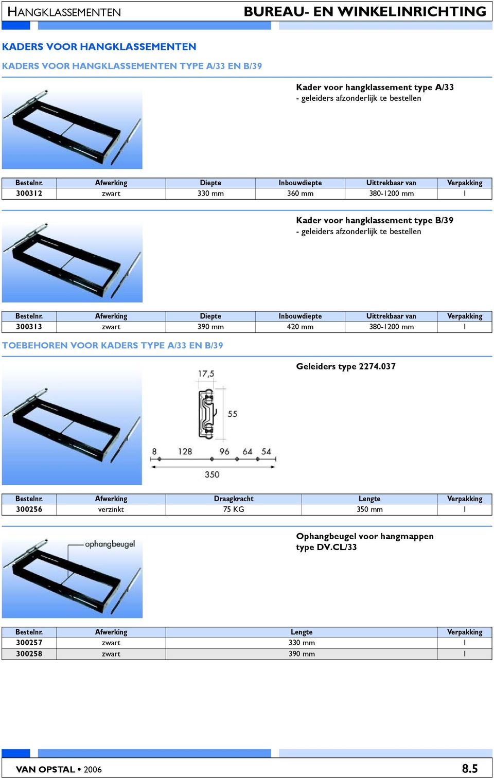 Afwerking Diepte Inbouwdiepte Uittrekbaar van Verpakking 300313 zwart 390 mm 420 mm 380-1200 mm 1 TOEBEHOREN VOOR KADERS TYPE A/33 EN B/39 Geleiders type 2274.037 Bestelnr.