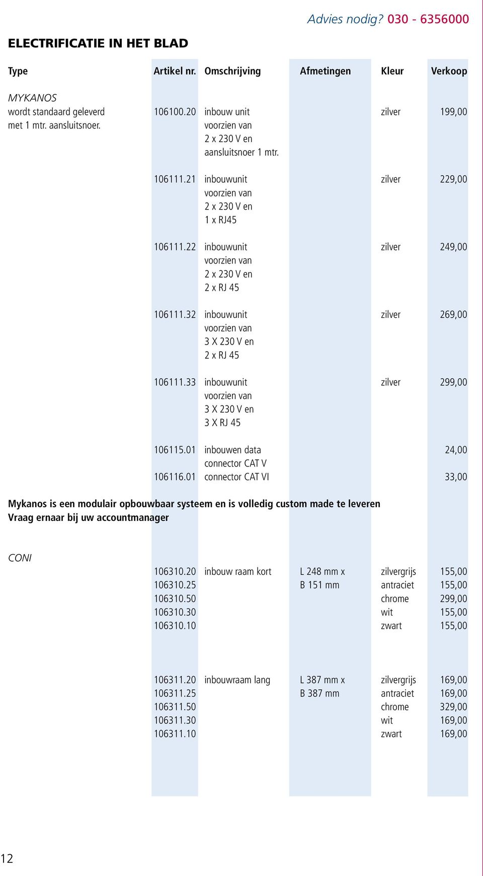 32 inbouwunit zilver 269,00 voorzien van 3 X 230 V en 2 x RJ 45 106111.33 inbouwunit zilver 299,00 voorzien van 3 X 230 V en 3 X RJ 45 106115.01 inbouwen data 24,00 connector CAT V 106116.