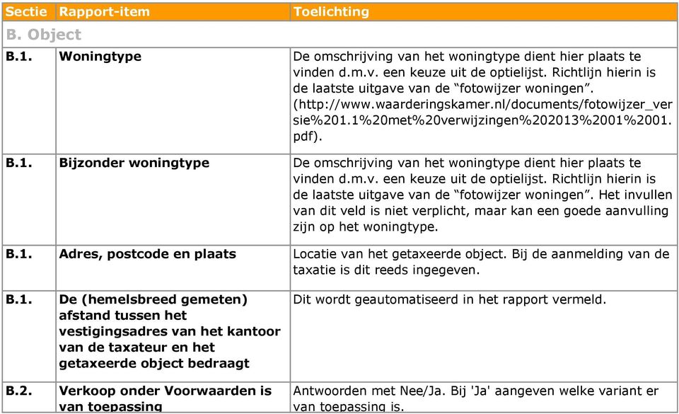 m.v. een keuze uit de optielijst. Richtlijn hierin is de laatste uitgave van de fotowijzer woningen. Het invullen van dit veld is niet verplicht, maar kan een goede aanvulling zijn op het woningtype.