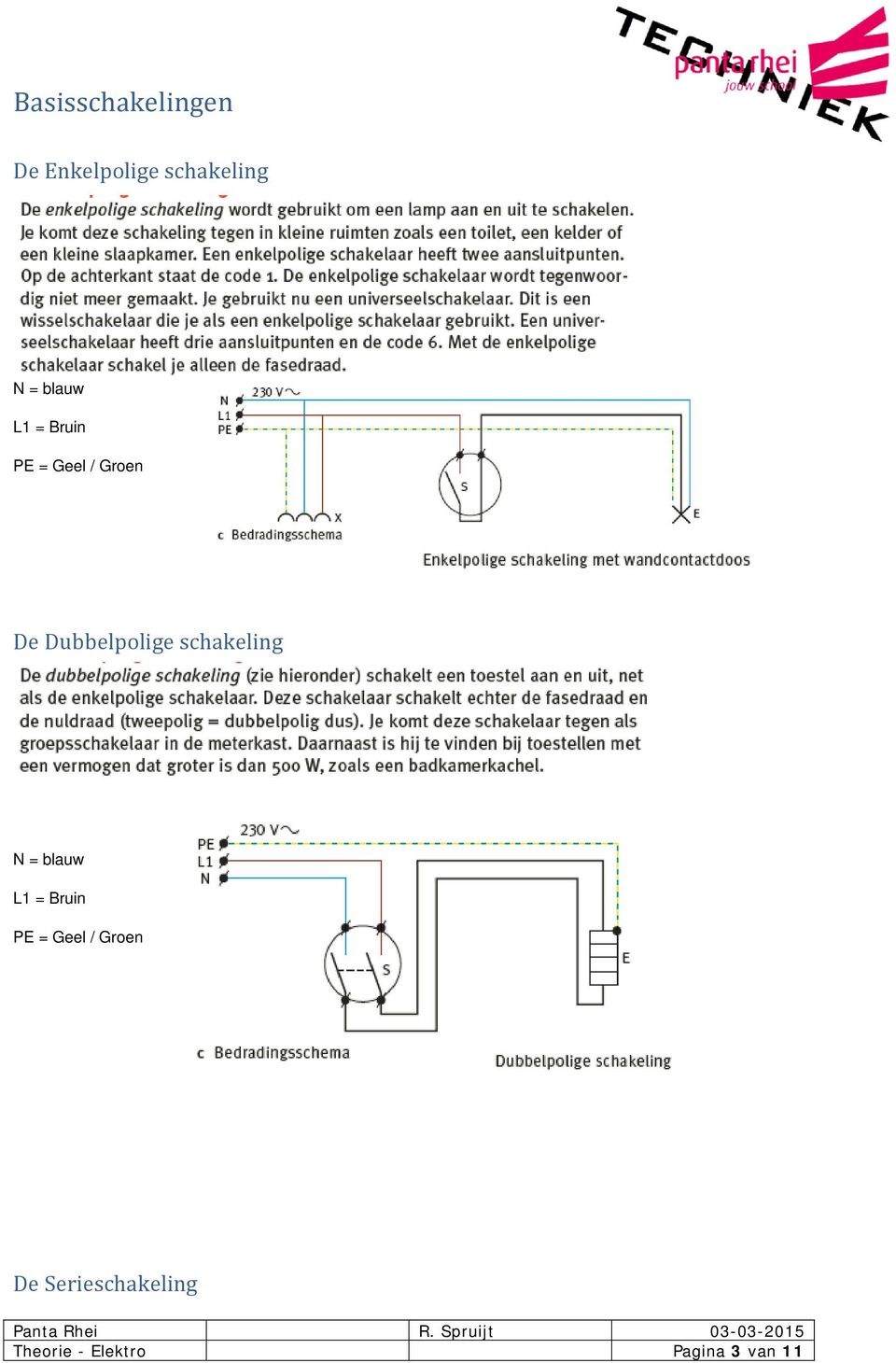 schakeling N = blauw L1 = Bruin PE = Geel / Groen