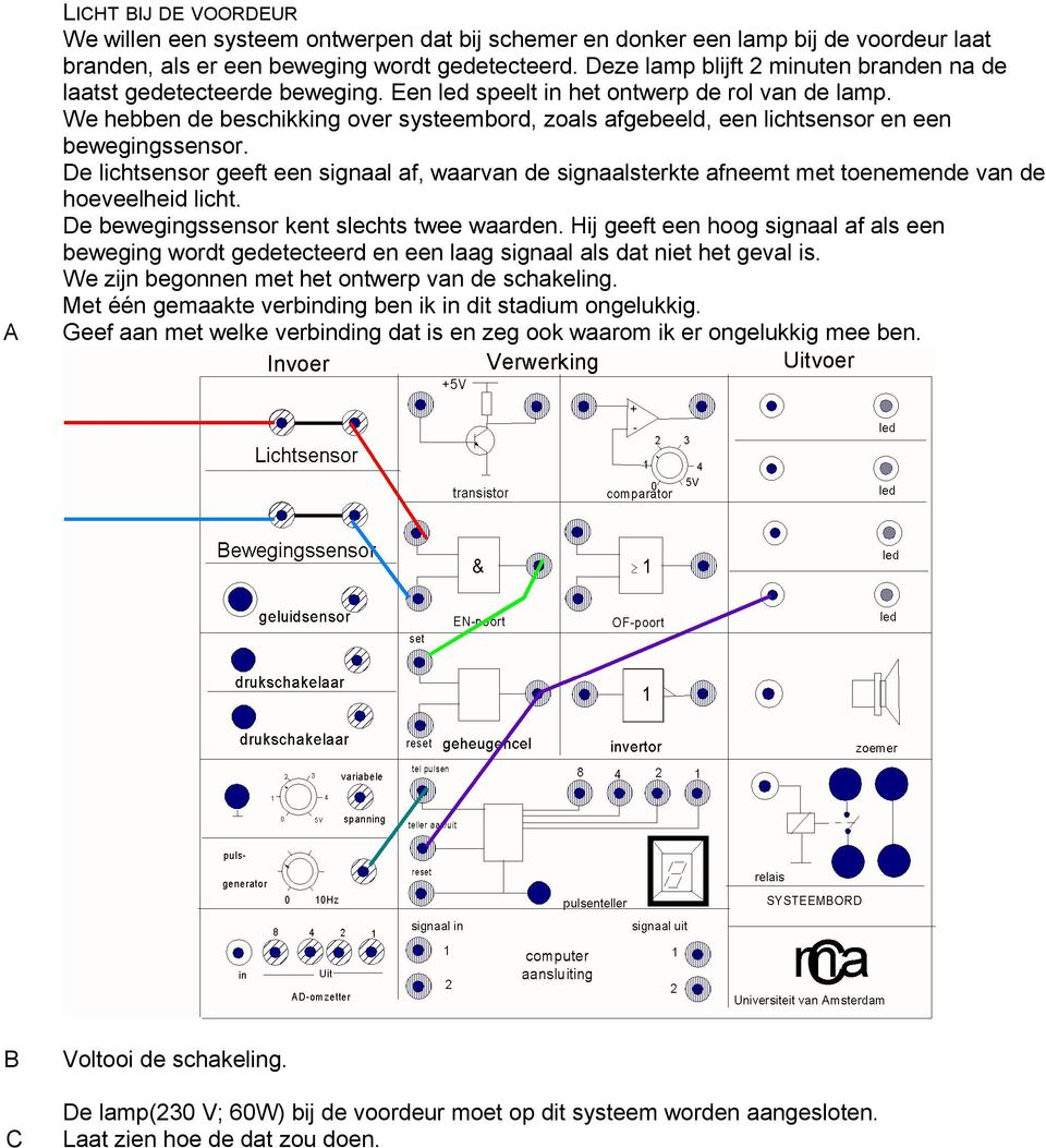 We hebben de beschikking over systeembord, zoals afgebeeld, een lichtsensor en een bewegingssensor.