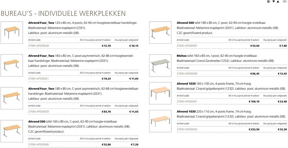 2769V-APS00007 55,60 7,80 Ahrend Four_Two 160 x 80 cm, C-poot asymmetrisch, 62-86 cm hoogteverstelbaar handslinger. Bladmateriaal: Melamine mapleprint (2031). Lakkleur poot: aluminium metallic (08).