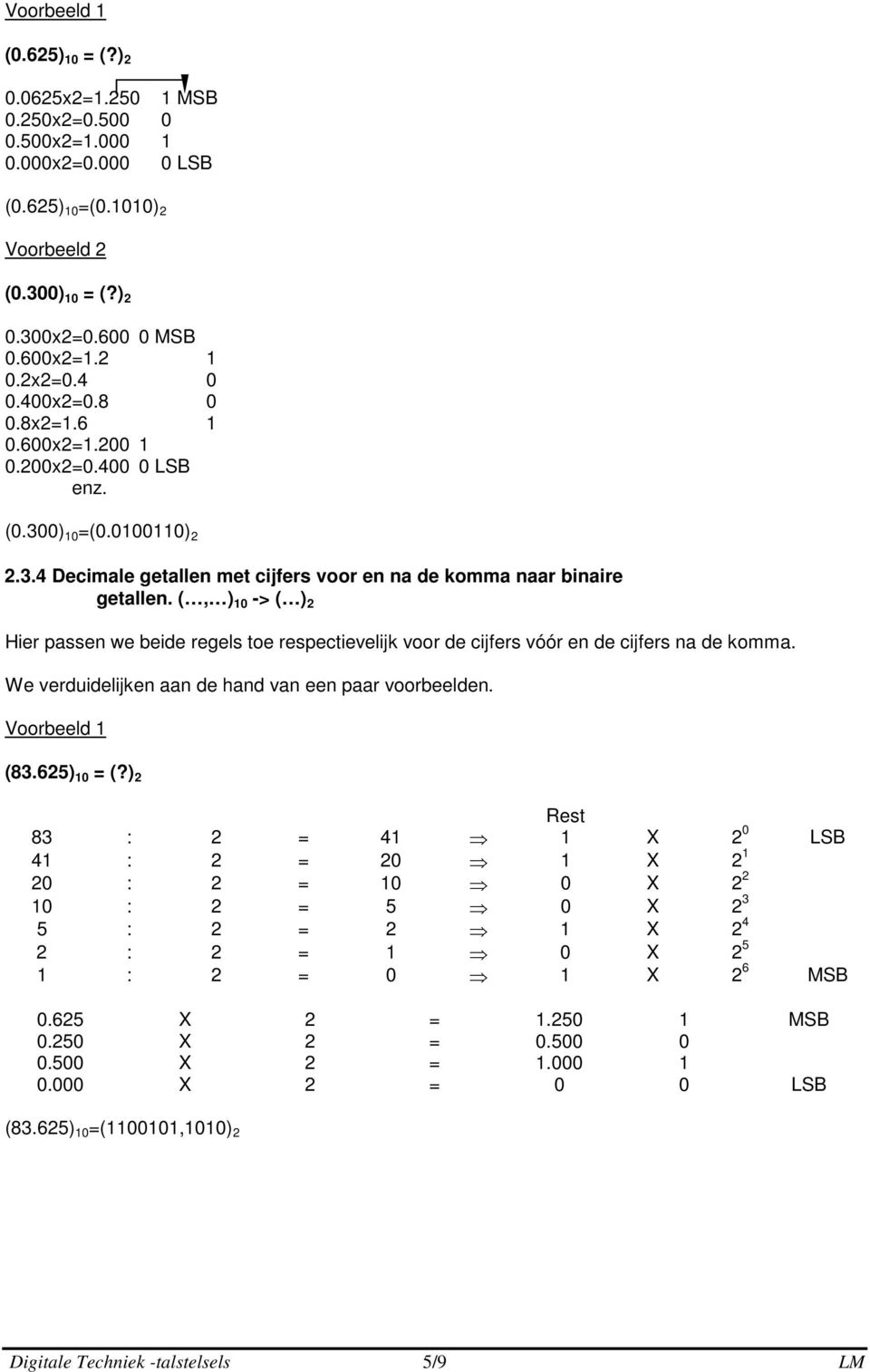 (, ) 10 -> ( ) Hier passen we beide regels toe respectievelijk voor de cijfers vóór en de cijfers na de komma. We verduidelijken aan de hand van een paar voorbeelden. Voorbeeld 1 (83.65) 10 = (?