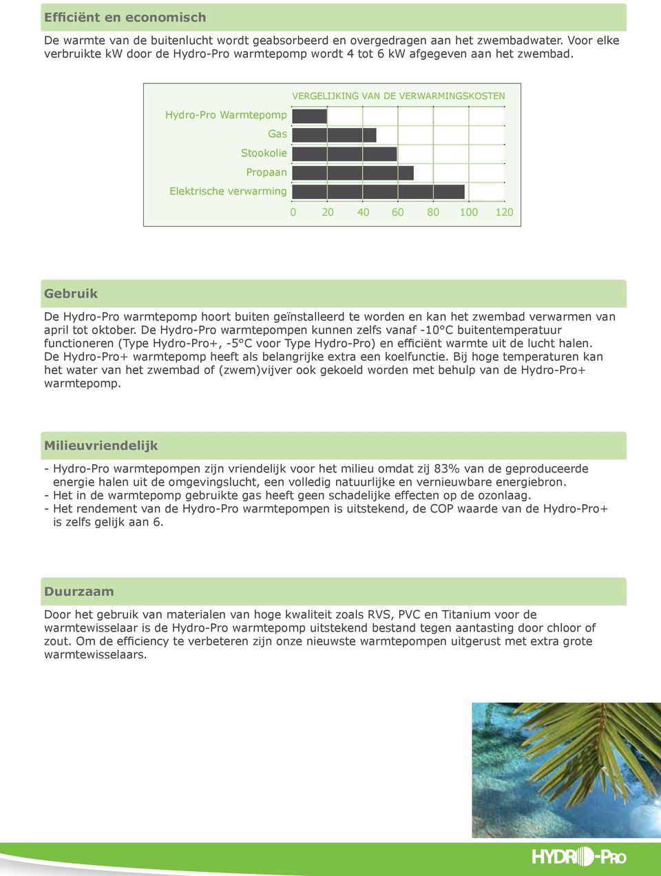 VERGELIJKING VAN DE VERWARMINGSKOSTEN Hydro-Pro Warmtepomp Gas Stookolie Propaan Elektrische verwarming 0 20 40 60 80 100 120 Gebruik De Hydro-Pro warmtepomp hoort buiten geïnstalleerd te worden en