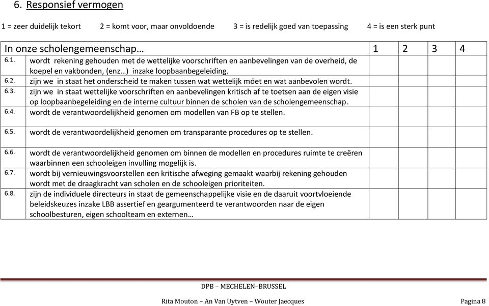 zijn we in staat wettelijke voorschriften en aanbevelingen kritisch af te toetsen aan de eigen visie op loopbaanbegeleiding en de interne cultuur binnen de scholen van de scholengemeenschap. 6.4.