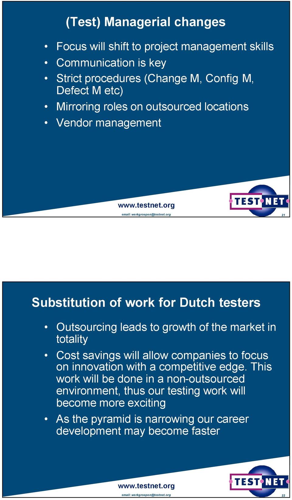 org 21 Substitution of work for Dutch testers Outsourcing leads to growth of the market in totality Cost savings will allow companies to focus on