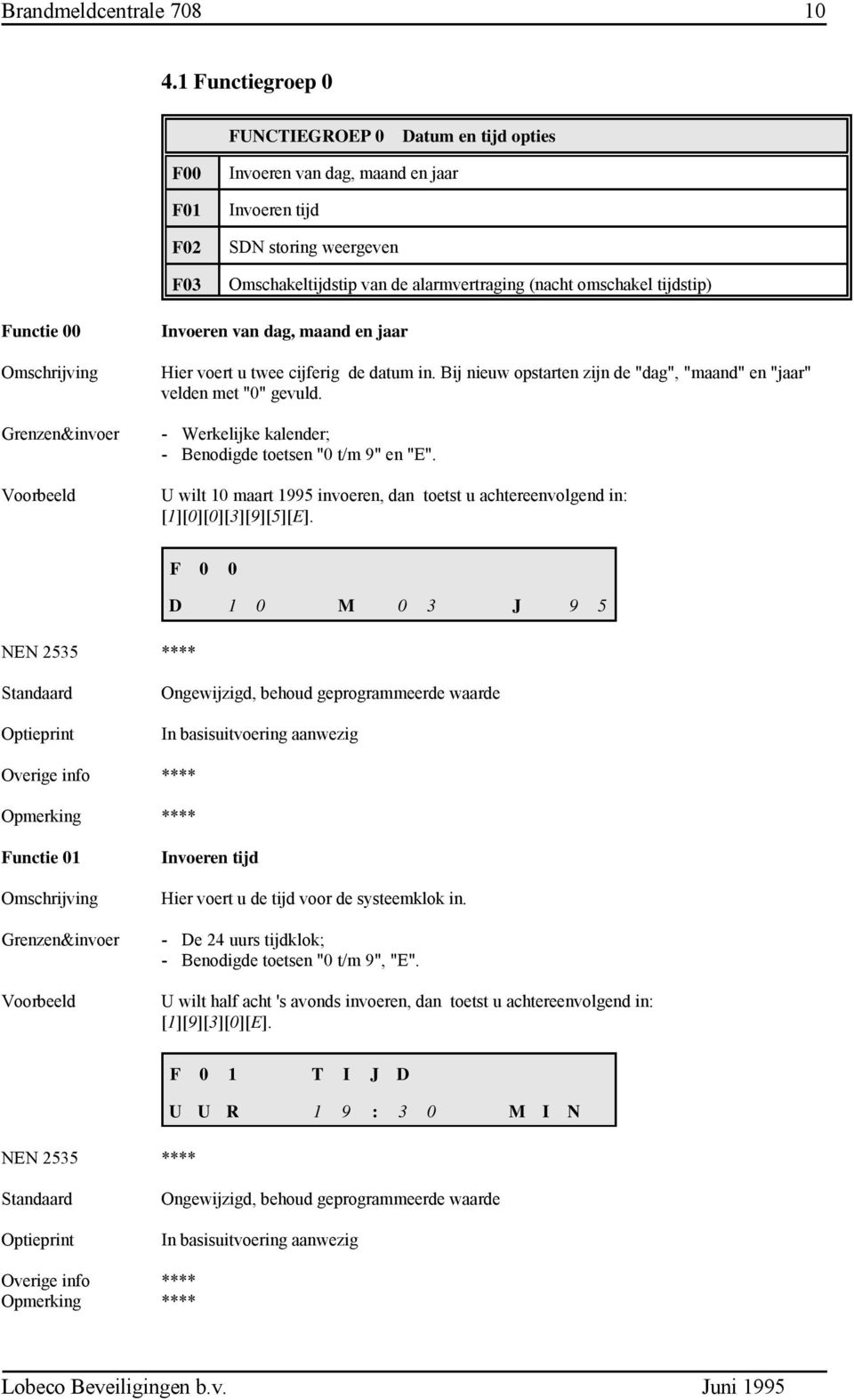 tijdstip) Functie 00 Invoeren van dag, maand en jaar Hier voert u twee cijferig de datum in. Bij nieuw opstarten zijn de "dag", "maand" en "jaar" velden met "0" gevuld.