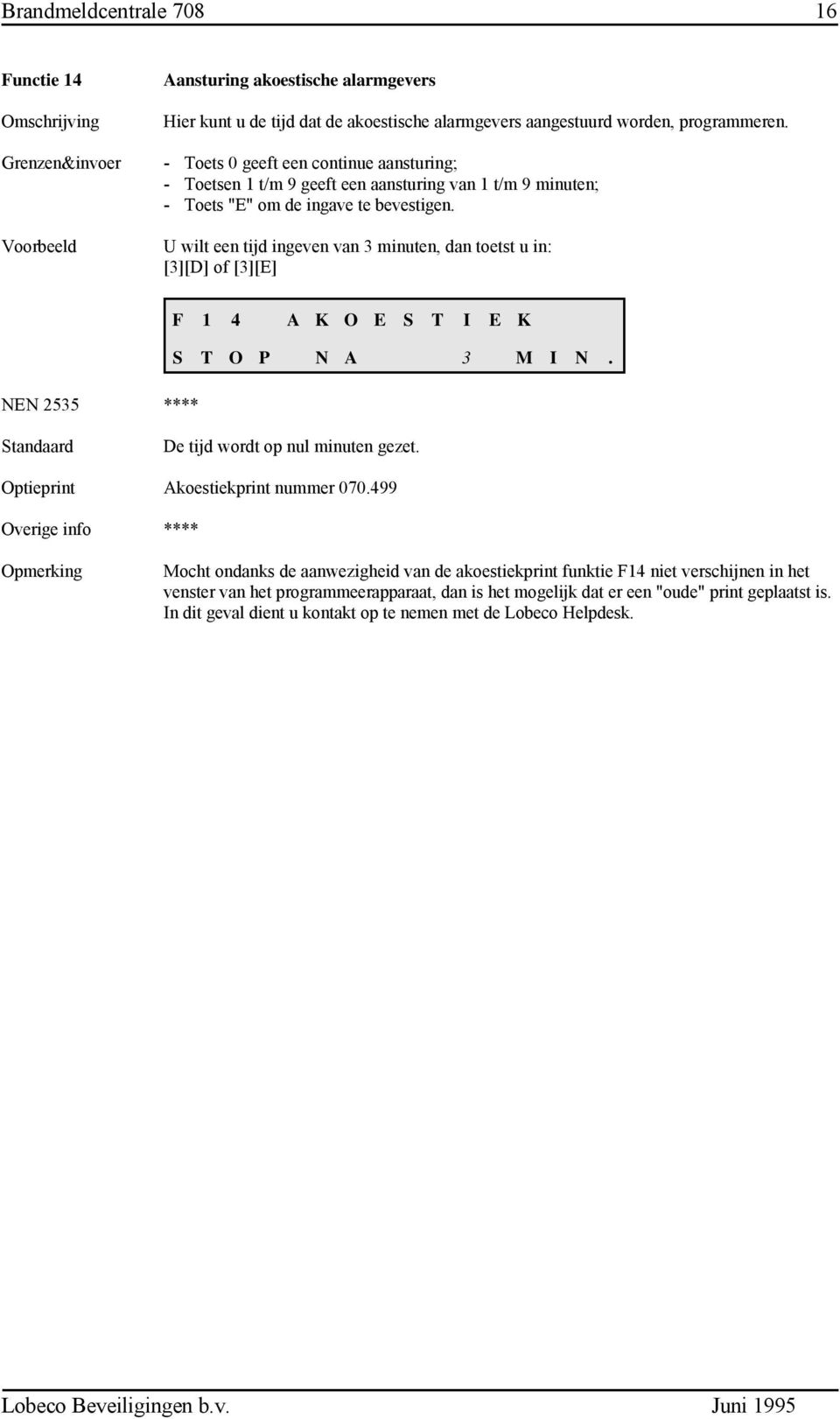 U wilt een tijd ingeven van 3 minuten, dan toetst u in: [3][D] of [3][E] F 1 4 A K O E S T I E K S T O P N A 3 M I N. De tijd wordt op nul minuten gezet. Optieprint Akoestiekprint nummer 070.