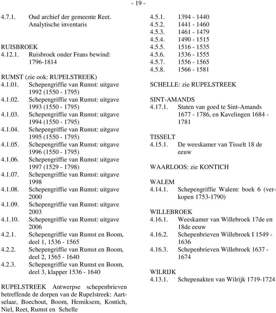 Schepengriffie van Rumst: uitgave 1995 (1550-1795) 4.1.05. Schepengriffie van Rumst: uitgave 1996 (1550-1795) 4.1.06. Schepengriffie van Rumst: uitgave 1997 (1529-1798) 4.1.07.