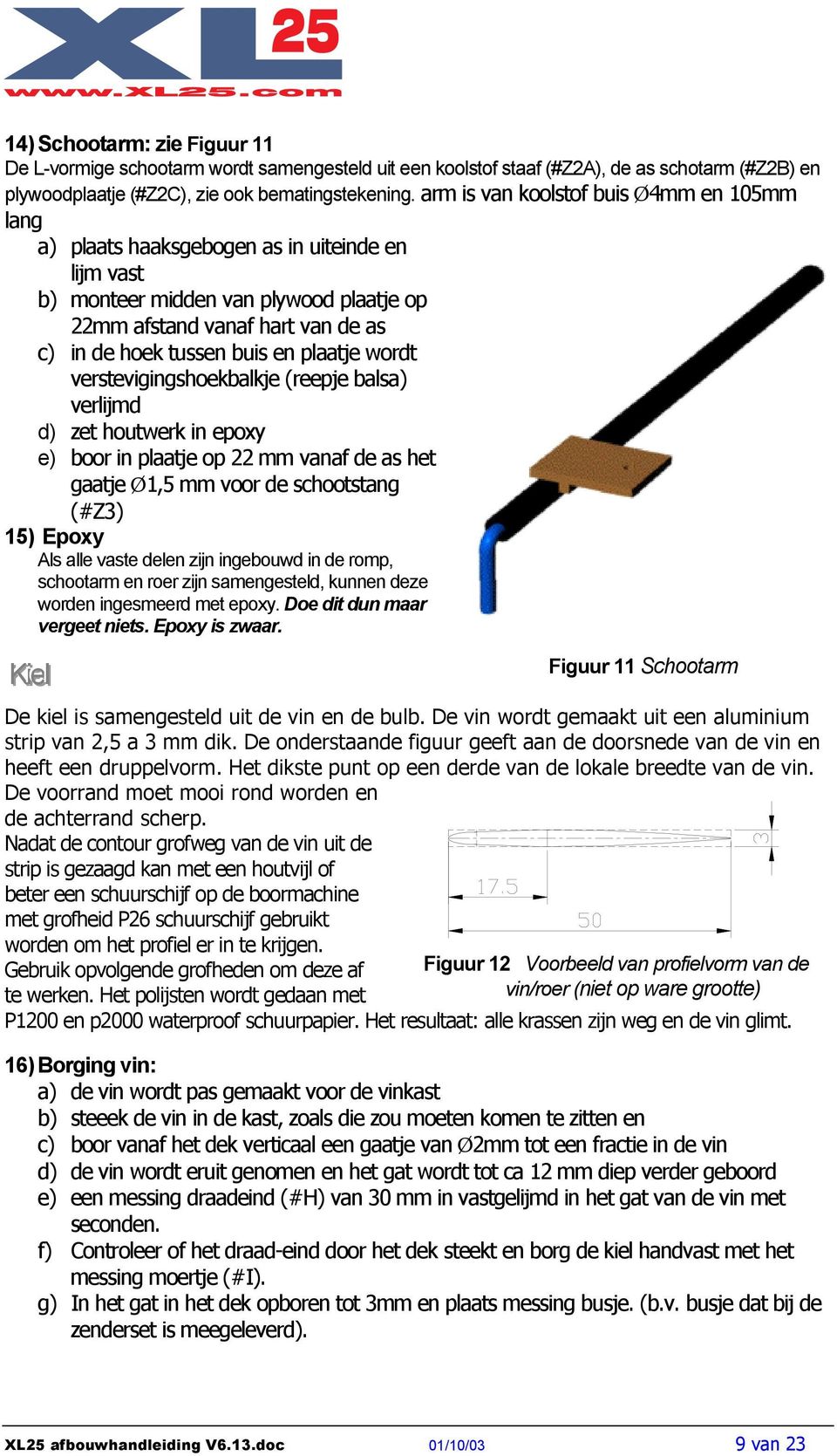 plaatje wordt verstevigingshoekbalkje (reepje balsa) verlijmd d) zet houtwerk in epoxy e) boor in plaatje op 22 mm vanaf de as het gaatje Ø1,5 mm voor de schootstang (#Z3) 15) Epoxy Als alle vaste