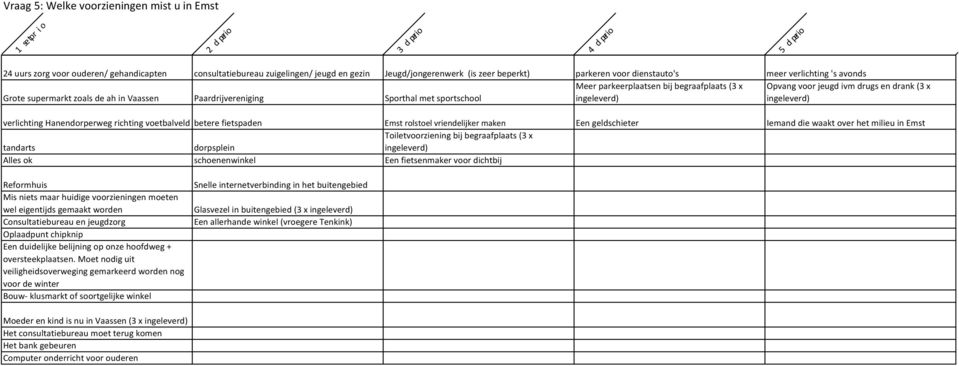 verlichting Hanendorperweg richting voetbalveld betere fietspaden Emst rolstoel vriendelijker maken Een geldschieter Iemand die waakt over het milieu in Emst Toiletvoorziening bij begraafplaats (3 x