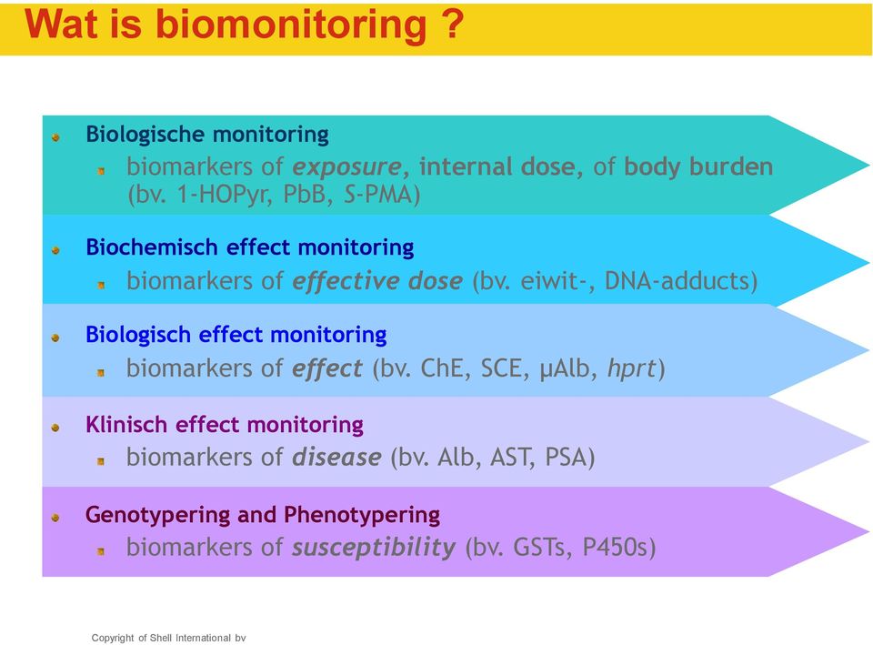 eiwit-, DNA-adducts) Biologisch effect monitoring biomarkers of effect (bv.