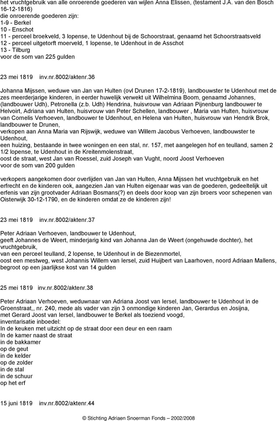 van den Bosch 16-12-1816) die onroerende goederen zijn: 1-9 - Berkel 10 - Enschot 11 - perceel broekveld, 3 lopense, te Udenhout bij de Schoorstraat, genaamd het Schoorstraatsveld 12 - perceel