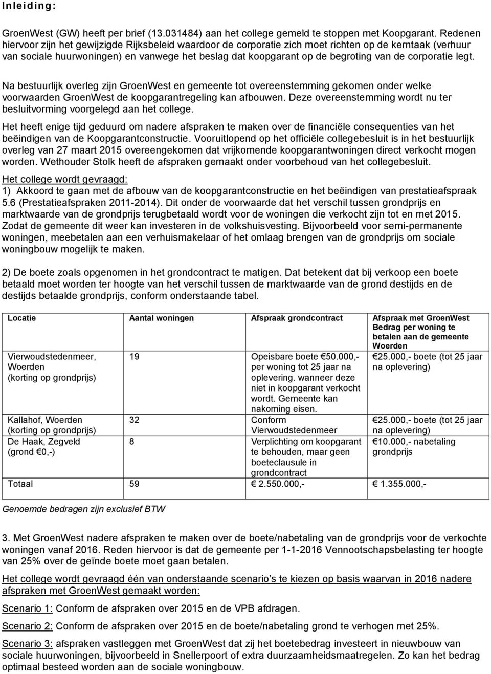 corporatie legt. Na bestuurlijk overleg zijn GroenWest en gemeente tot overeenstemming gekomen onder welke voorwaarden GroenWest de koopgarantregeling kan afbouwen.