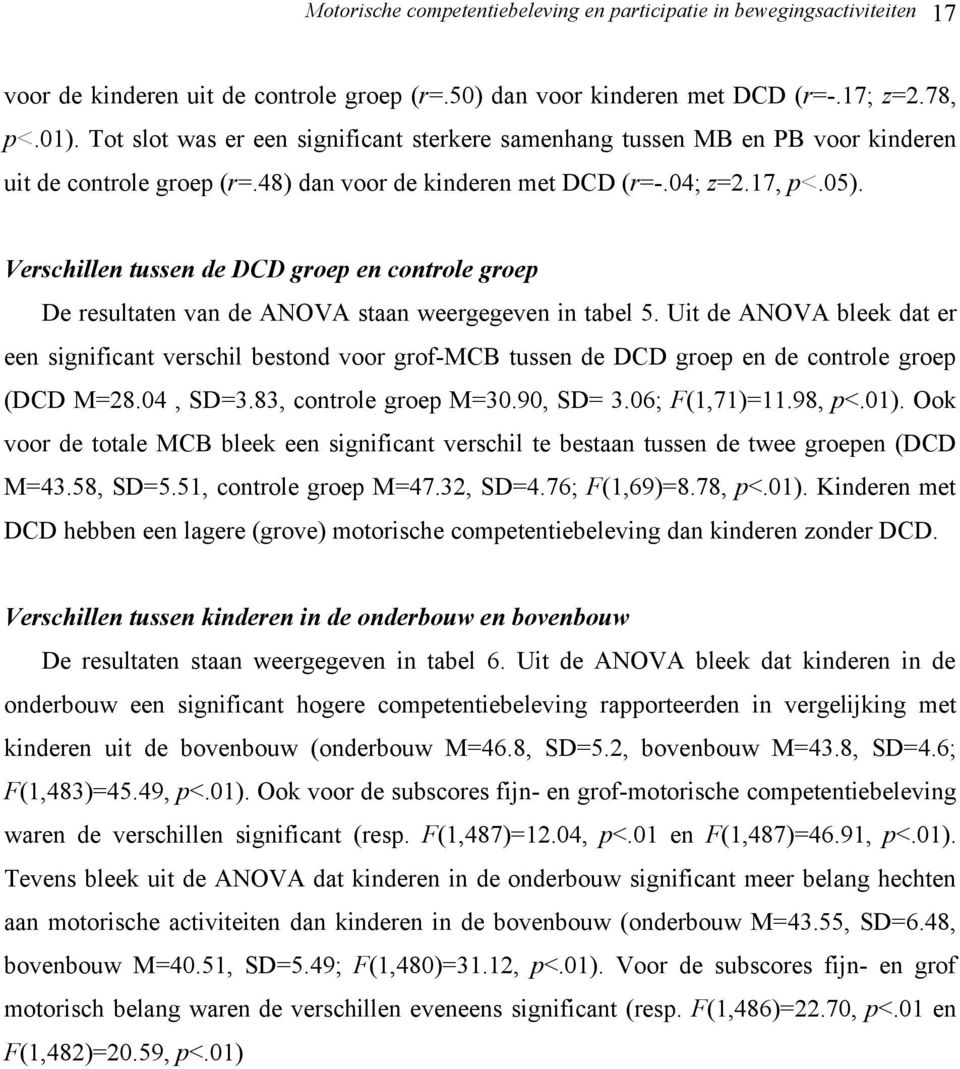 Verschillen tussen de DCD groep en controle groep De resultaten van de ANOVA staan weergegeven in tabel 5.