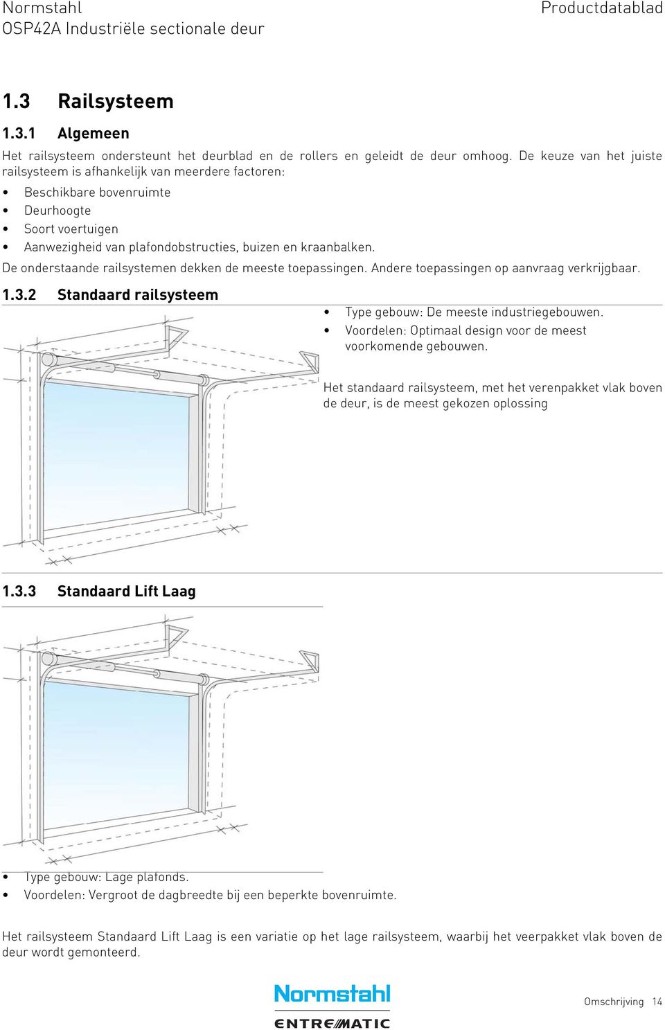 De onderstaande railsystemen dekken de meeste toepassingen. Andere toepassingen op aanvraag verkrijgbaar. 1.3.2 Standaard railsysteem Type gebouw: De meeste industriegebouwen.