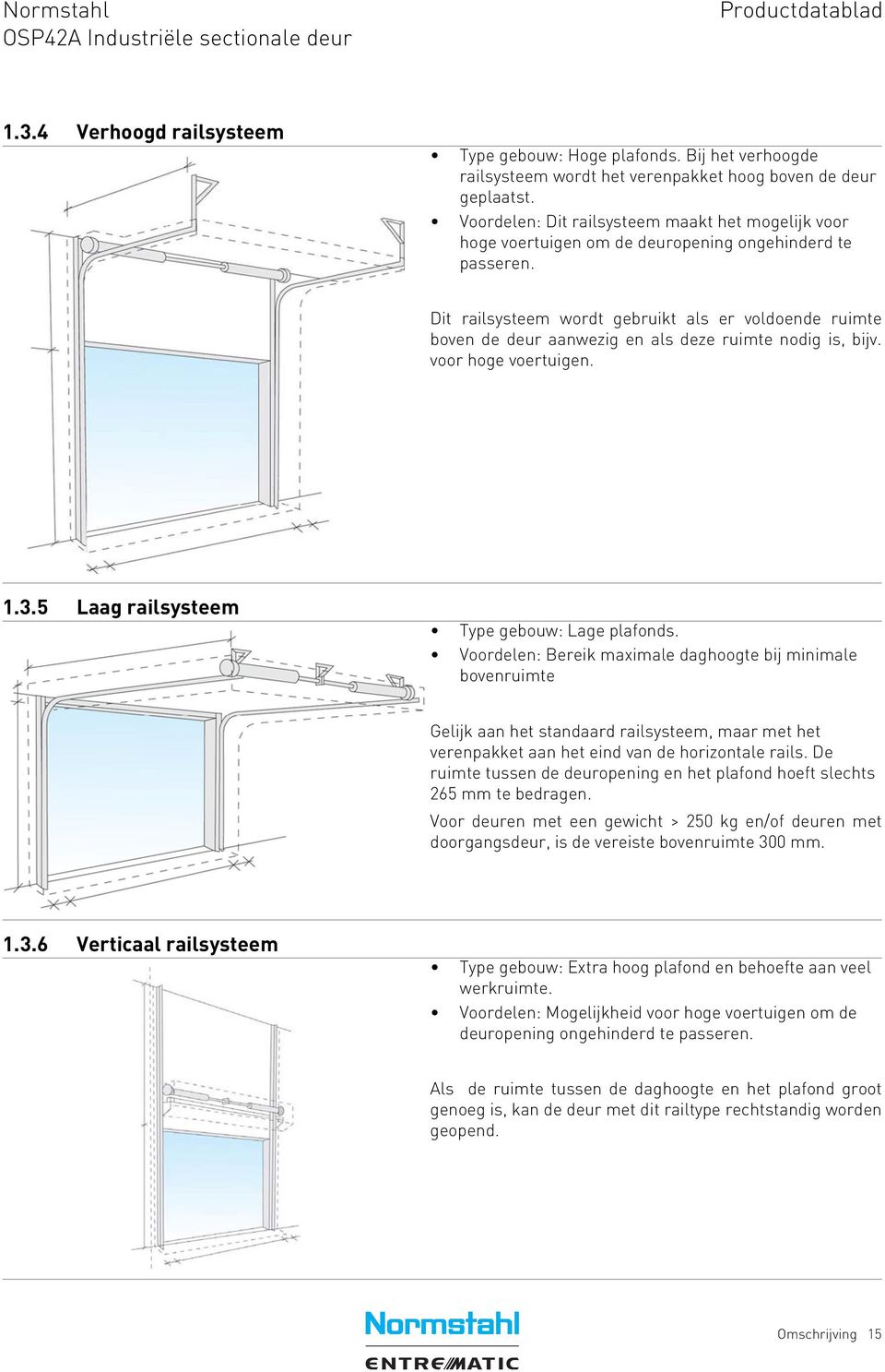 Dit railsysteem wordt gebruikt als er voldoende ruimte boven de deur aanwezig en als deze ruimte nodig is, bijv. voor hoge voertuigen. 1.3.5 Laag railsysteem Type gebouw: Lage plafonds.