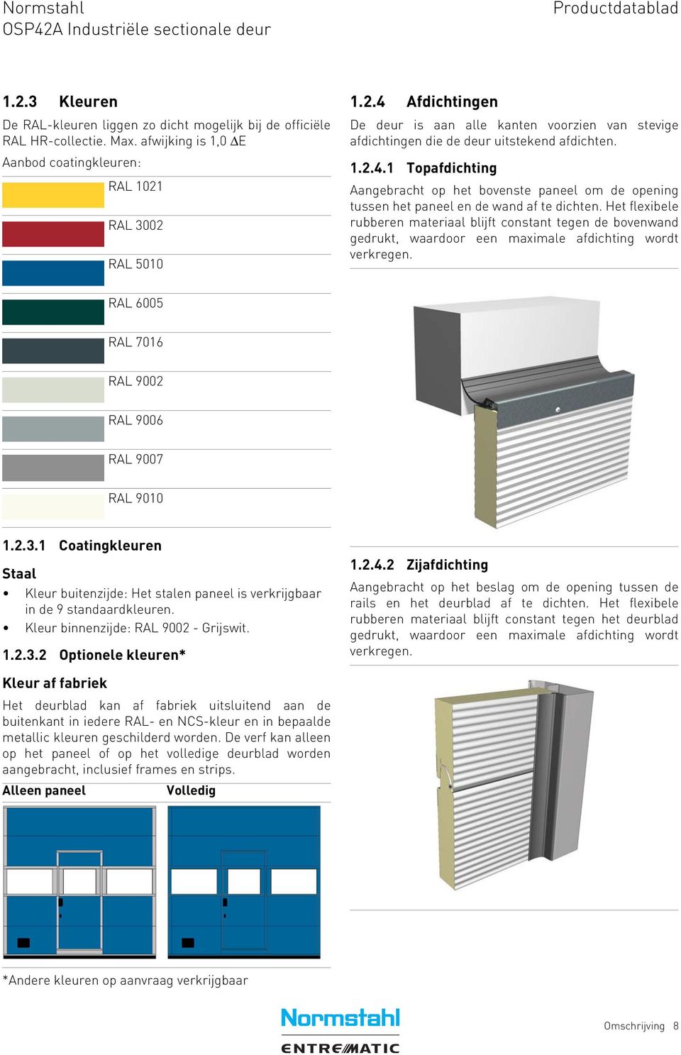 Het flexibele rubberen materiaal blijft constant tegen de bovenwand gedrukt, waardoor een maximale afdichting wordt verkregen. RAL 6005 RAL 7016 RAL 9002 RAL 9006 RAL 9007 RAL 9010 1.2.3.