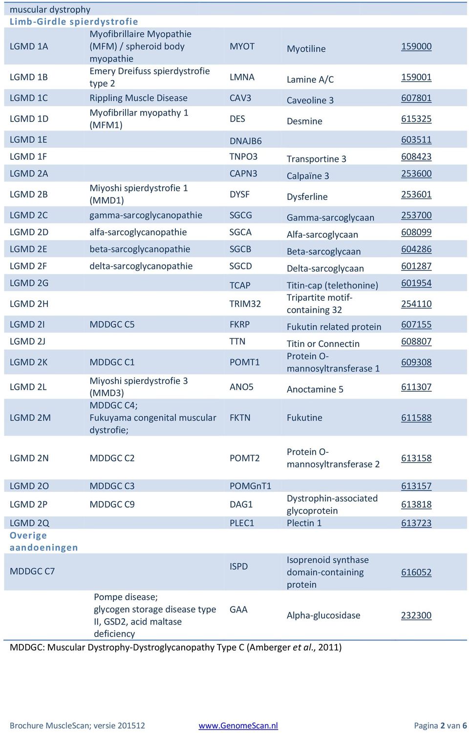 253600 LGMD 2B Miyoshi spierdystrofie 1 (MMD1) DYSF Dysferline 253601 LGMD 2C gamma-sarcoglycanopathie SGCG Gamma-sarcoglycaan 253700 LGMD 2D alfa-sarcoglycanopathie SGCA Alfa-sarcoglycaan 608099