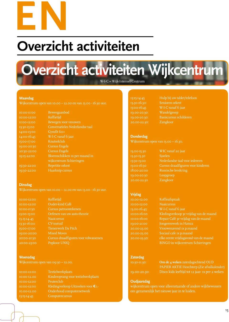 Knutselclub 19:00-20:30 Cursus Engels 20:30-22:00 Cursus Engels 19:15-22:00 Bloemschikken 1x per maand in wijkcentrum Schieringen 19:30-22:00 Repetitie orkest 19:30-22:00 Haarknip cursus Dinsdag