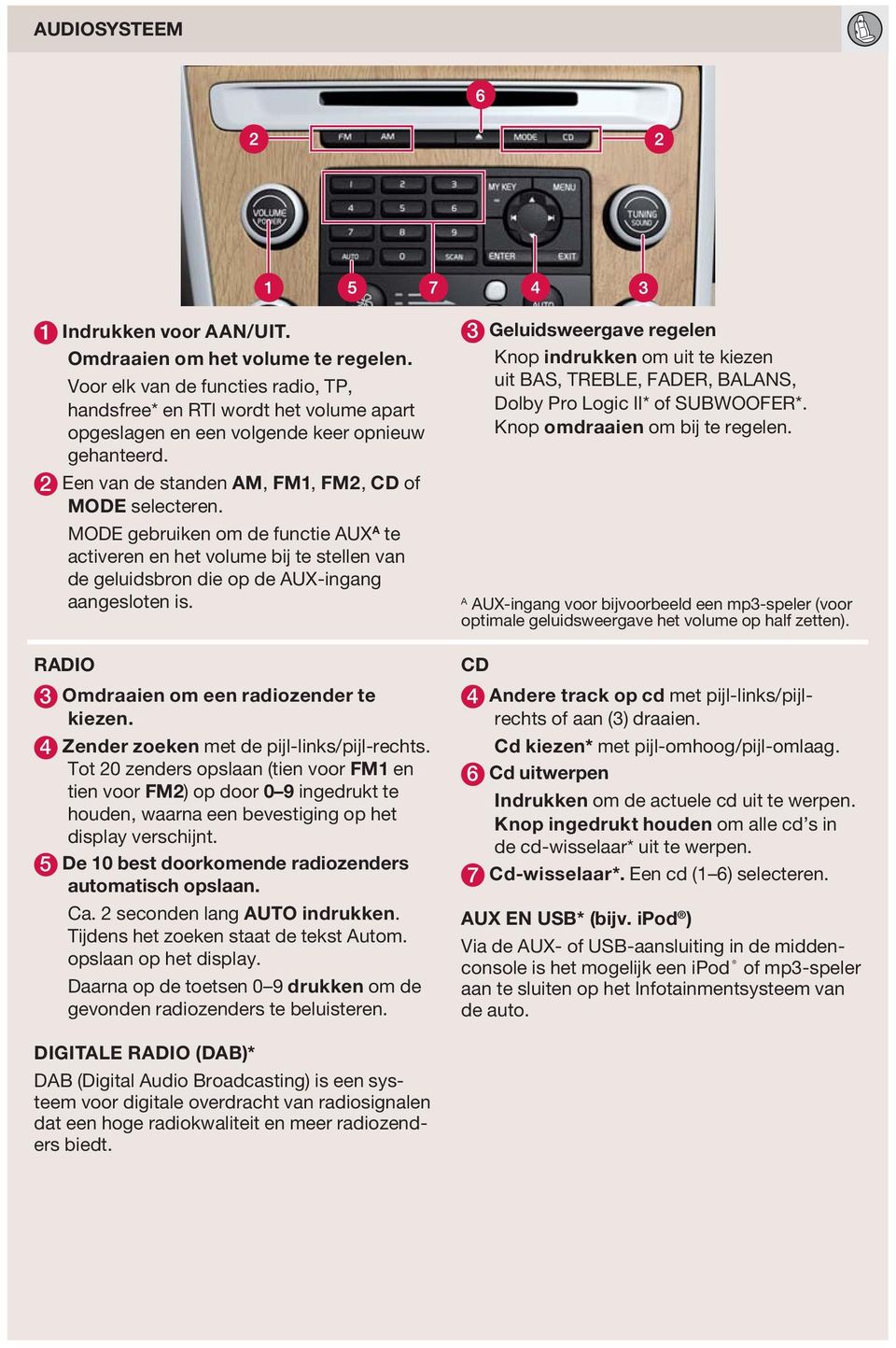 MODE gebruiken om de functie AUX A te activeren en het volume bij te stellen van de geluidsbron die op de AUX-ingang aangesloten is. RADIO 3 Omdraaien om een radiozender te kiezen.