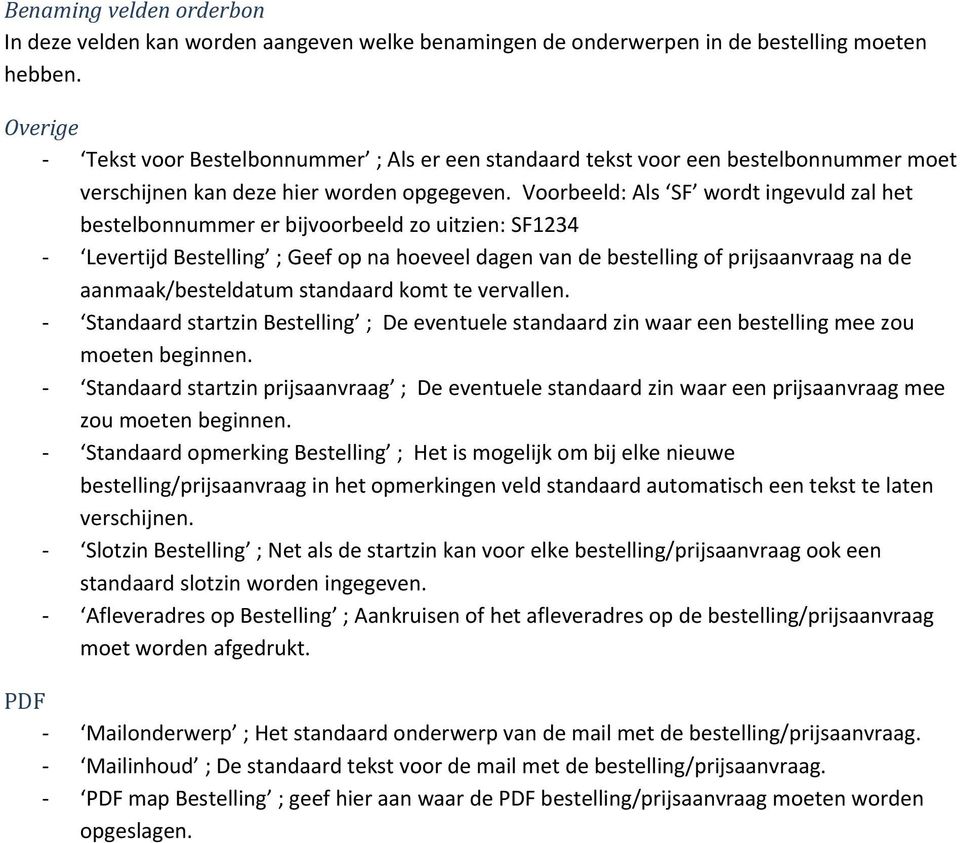 Voorbeeld: Als SF wordt ingevuld zal het bestelbonnummer er bijvoorbeeld zo uitzien: SF1234 Levertijd Bestelling ; Geef op na hoeveel dagen van de bestelling of prijsaanvraag na de