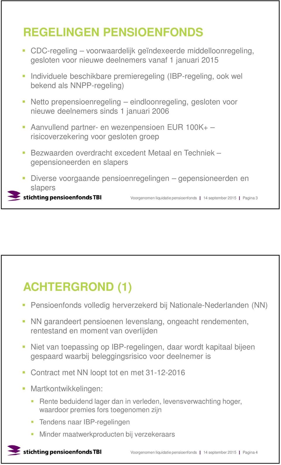 gesloten groep Bezwaarden overdracht excedent Metaal en Techniek gepensioneerden en slapers Diverse voorgaande pensioenregelingen gepensioneerden en slapers Voorgenomen liquidatie pensioenfonds 14