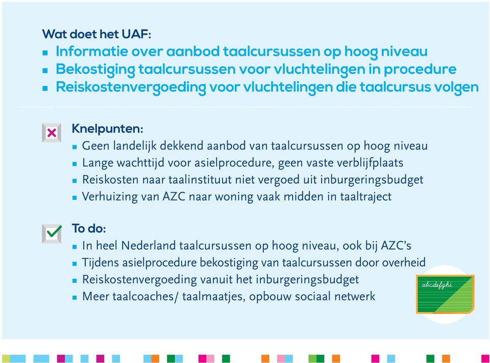 taalinstituut niet vergoed uit inburgeringsbudget Verhuizing van AZC naar woning vaak midden in taaltraject To do: In heel Nederland taalcursussen op hoog niveau, ook bij