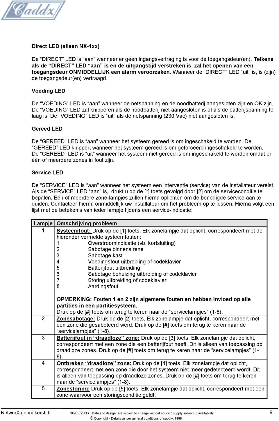 Wanneer de DIRECT LED uit is, is (zijn) de toegangsdeur(en) vertraagd. Voeding LED De VOEDING LED is aan wanneer de netspanning en de noodbatterij aangesloten zijn en OK zijn.