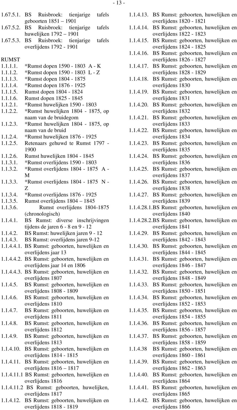 1.2.1. *Rumst huwelijken 1590-1803 1.1.2.2. *Rumst huwelijken 1804-1875, op naam van de bruidegom 1.1.2.3. *Rumst huwelijken 1804-1875, op naam van de bruid 1.1.2.4. *Rumst huwelijken 1876-1925 1.1.2.5. Retenaars gehuwd te Rumst 1797-1900 1.