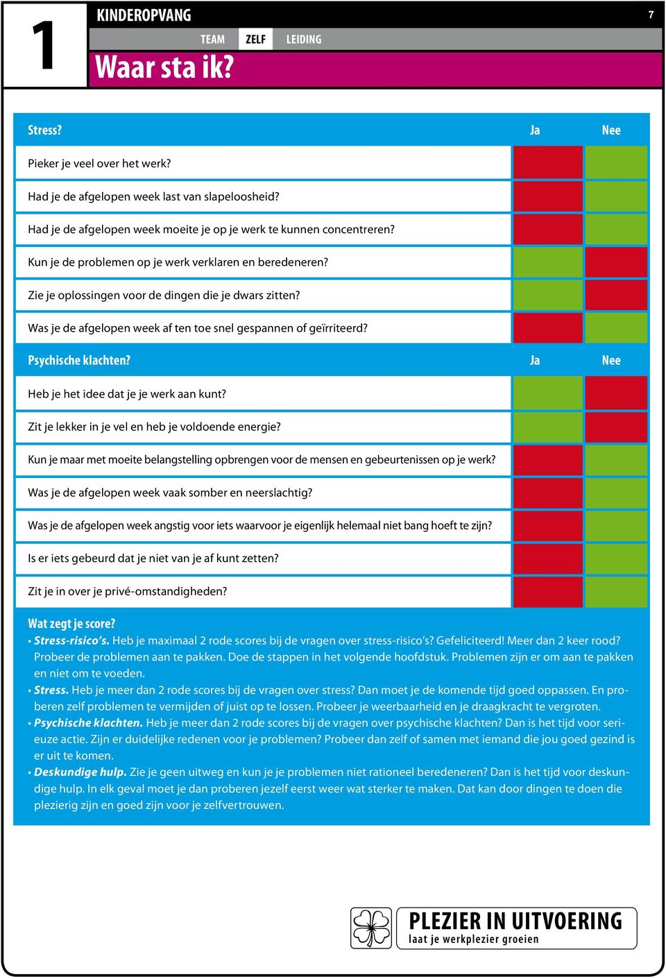 ja Nee Heb je het idee dat je je werk aan kunt? Zit je lekker in je vel en heb je voldoende energie? Kun je maar met moeite belangstelling opbrengen voor de mensen en gebeurtenissen op je werk?