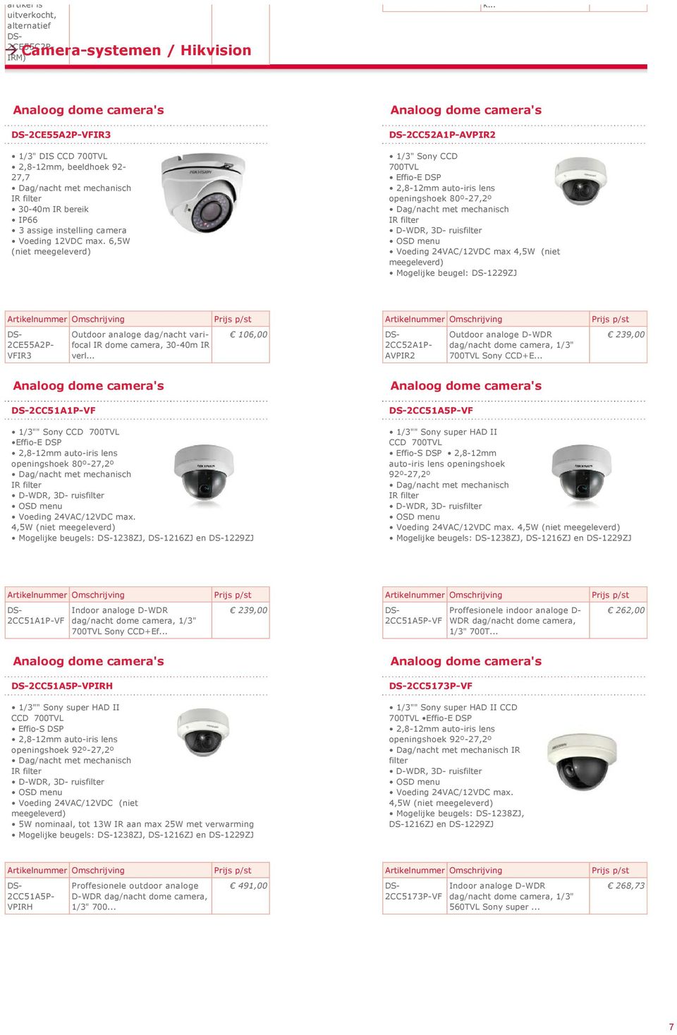 VFIR3 Outdoor analoge dag/nacht varifocal IR dome camera, 30 40m IR verl... 106,00 2CC52A1P AVPIR2 Outdoor analoge D WDR dag/nacht dome camera, 1/3" 700TVL Sony CCD+E.