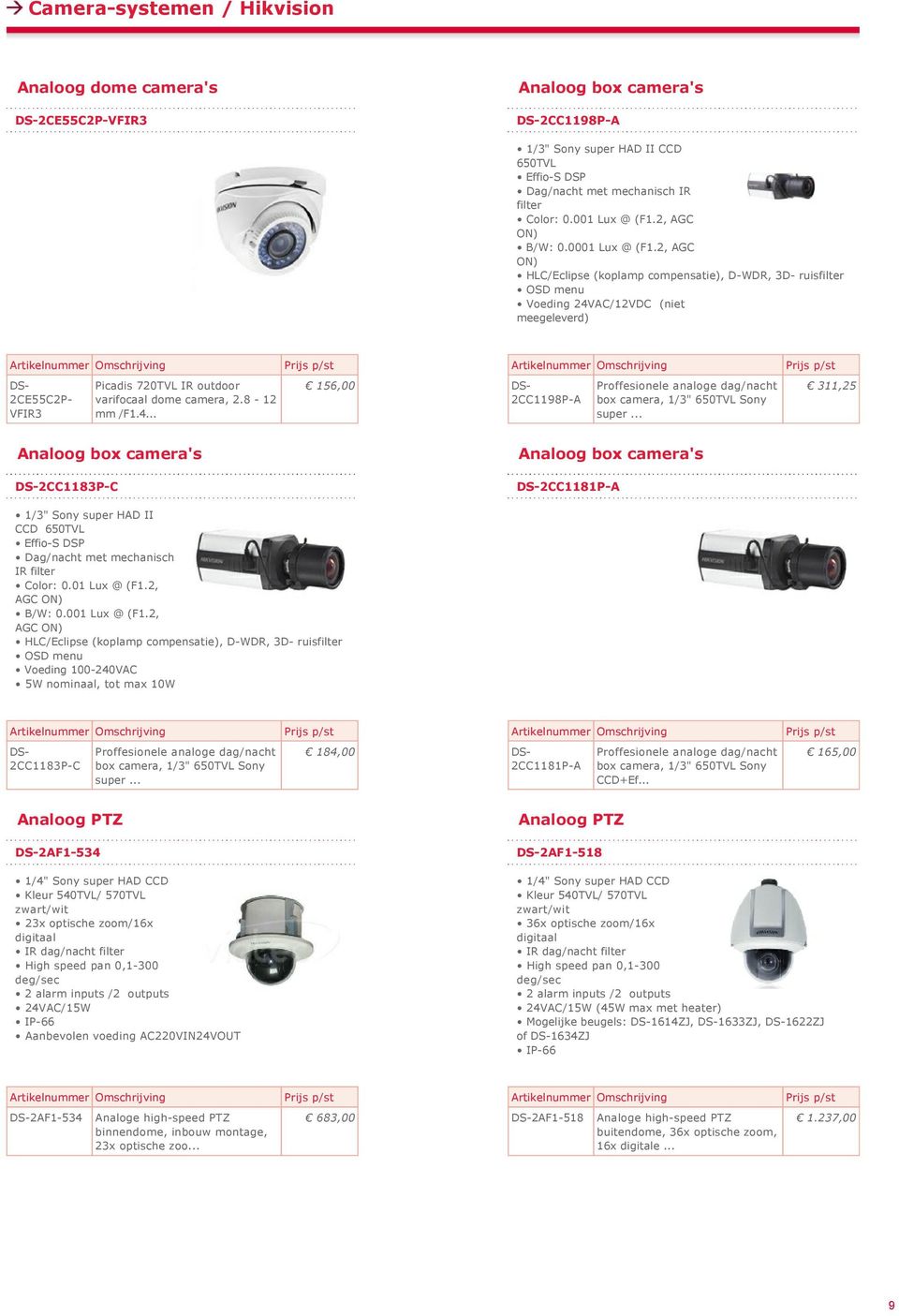 .. 311,25 Analoog box camera's 2CC1183P C 1/3" Sony super HAD II CCD 650TVL Effio S DSP Color: 0.01 Lux @ (F1.2, AGC ON) B/W: 0.001 Lux @ (F1.