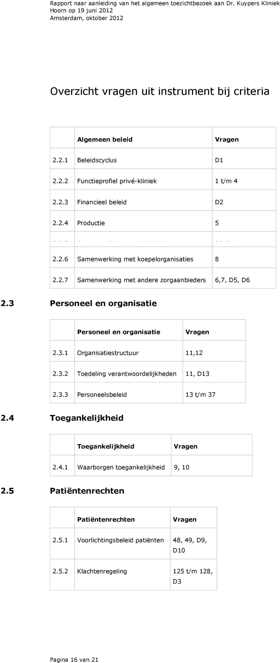 3.2 Toedeling verantwoordelijkheden 11, D13 2.3.3 Personeelsbeleid 13 t/m 37 2.4 Toegankelijkheid Toegankelijkheid 2.4.1 Waarborgen toegankelijkheid 9, 10 2.